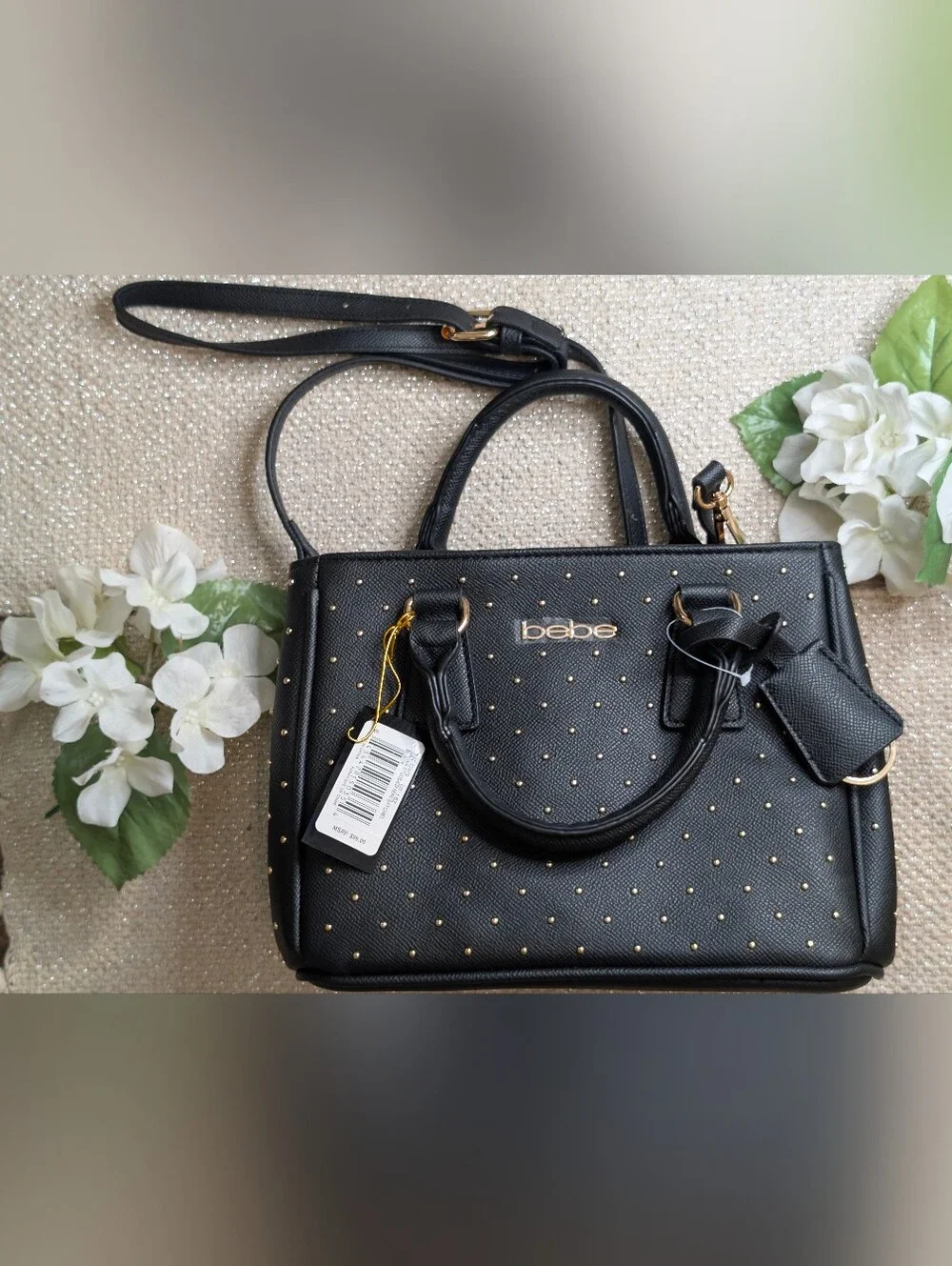 bebe Black Mini Studded Satchel with Gold Hardware